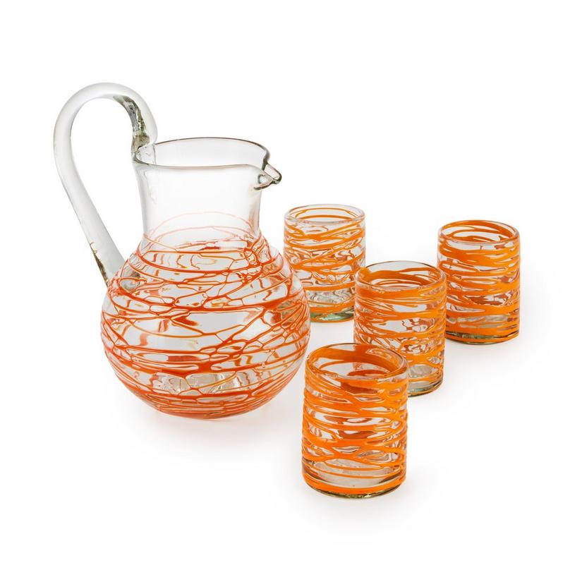 Authentic Mexican Handblown Orange Swirl Glass Carafe