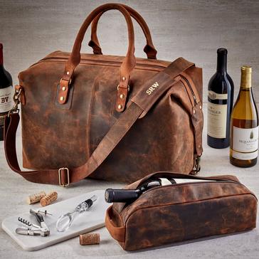 Genuine Buffalo Leather 6-Bottle Weekender Wine Bag with Single Bottle Carrier, Corkscrew & Aerator