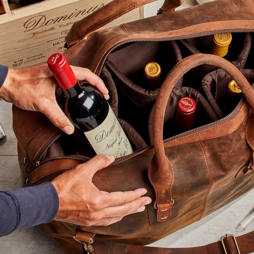 Genuine Buffalo Leather 6-Bottle Weekender Wine Bag with Single Bottle Carrier, Corkscrew & Aerator