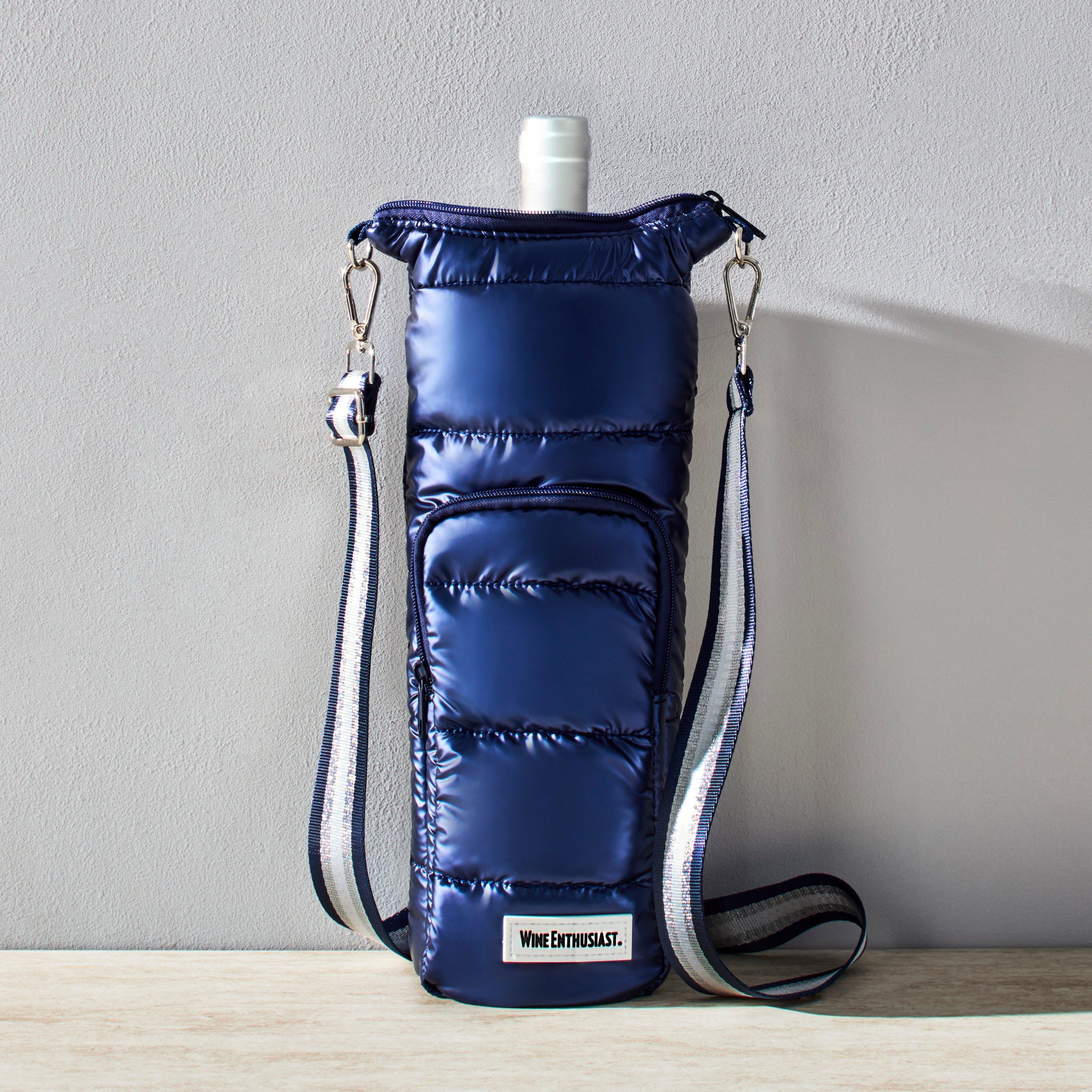 Wine Enthusiast Crossbody Insulated Puffer Wine Bag-Navy