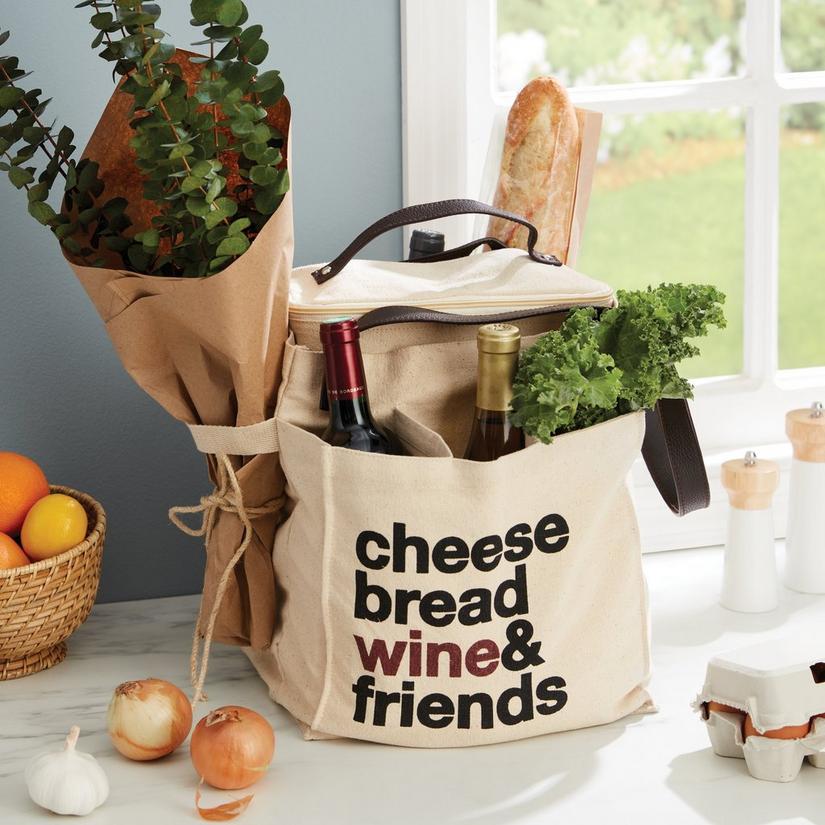 Canvas and Leather Farmer's Market Wine Bag With Removable Insulated Cooler