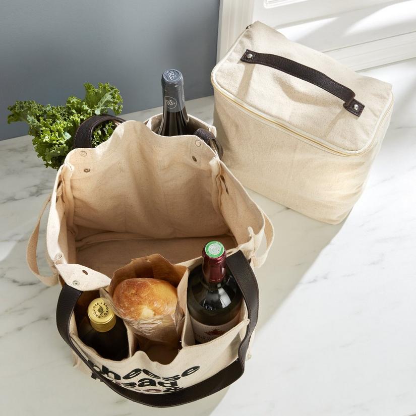 Canvas and Leather Farmer's Market Wine Bag With Removable Insulated Cooler