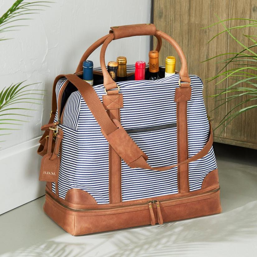 Striped Canvas and Leather 6-Bottle Weekender Wine Bag with Bottom Storage Compartment