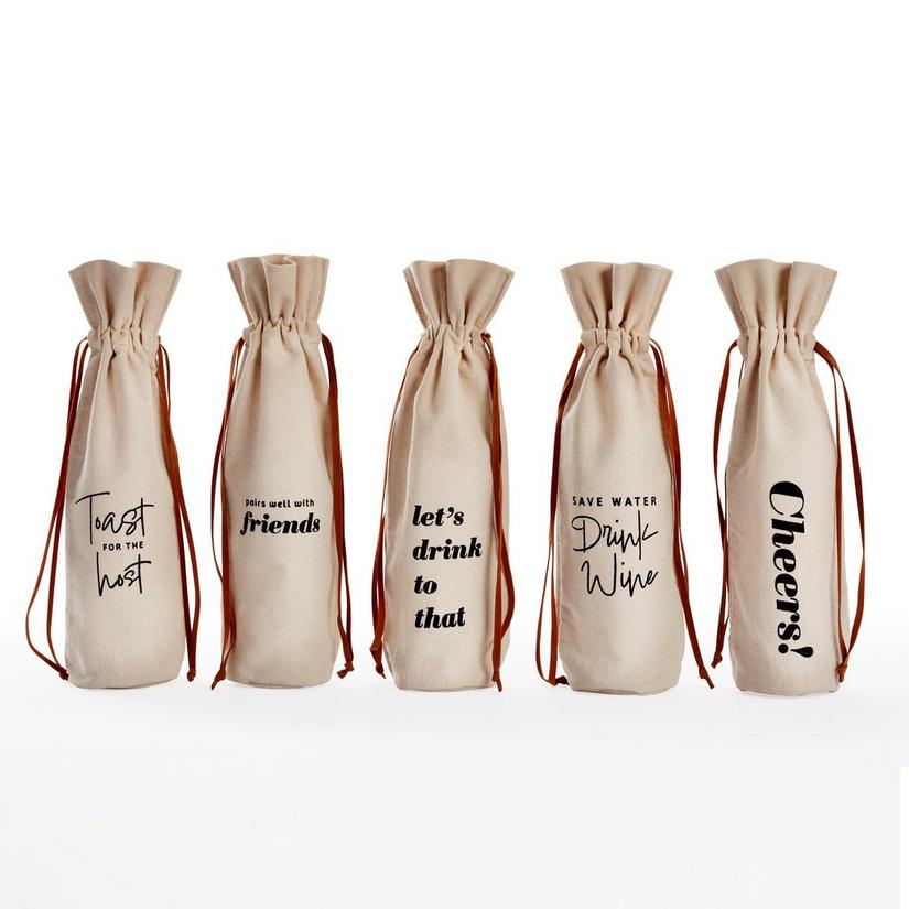 Canvas Wine Bottle Gift Bags With Leather Ties (Set of 5)