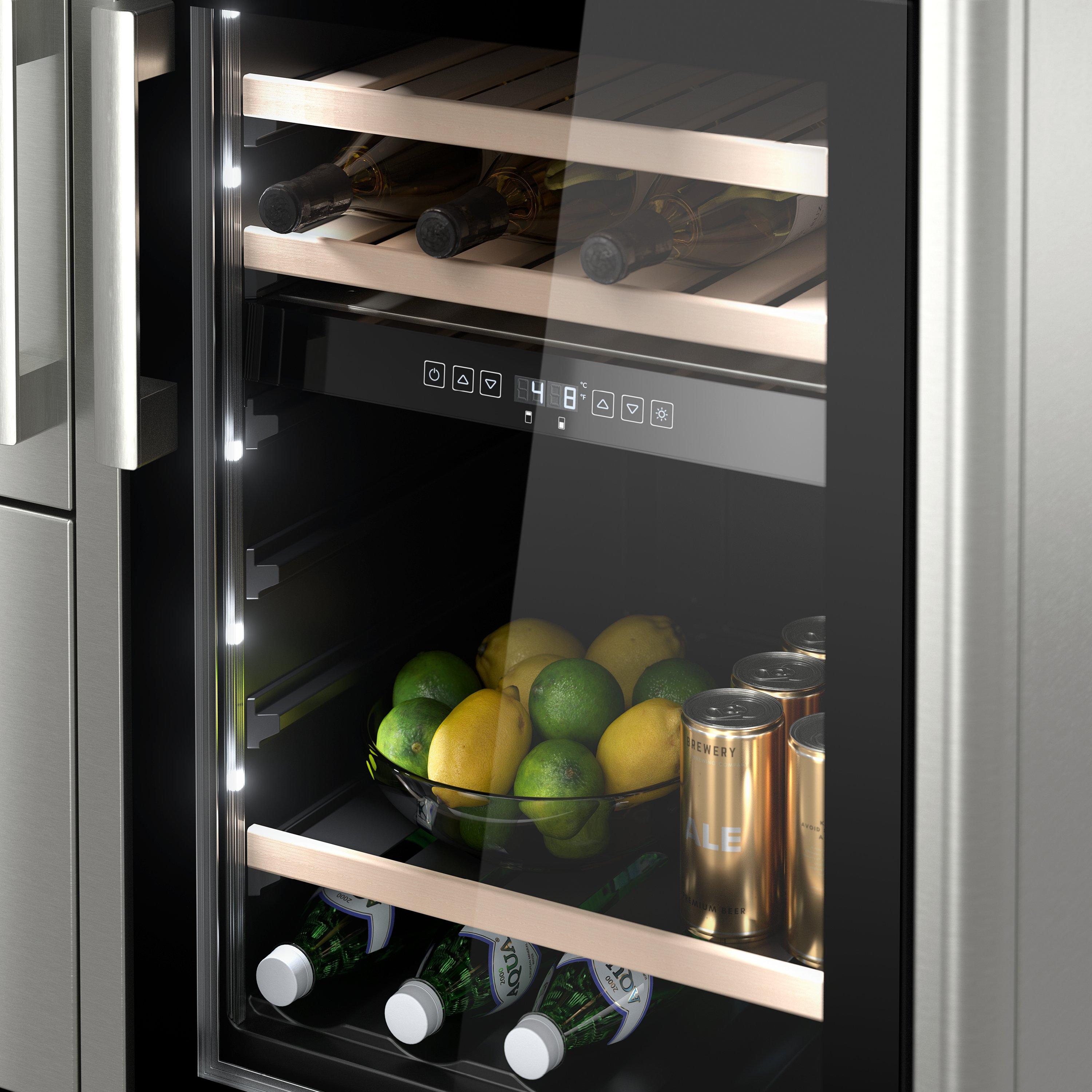 Dual zone wine and beverage cooler keeps up to 32 bottles and 155 cans ready for service