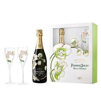 Perrier Jouet 2012 Belle Epoque Brut Champagne Gift Set w / Two Matching Painted Glasses