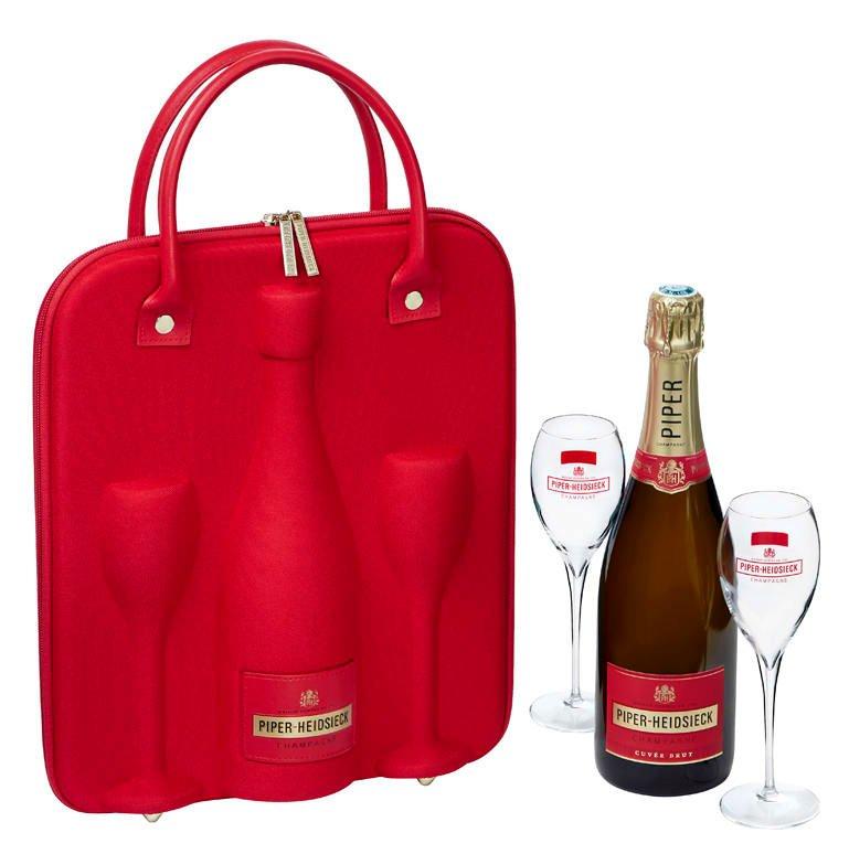 champagne travel case with glasses