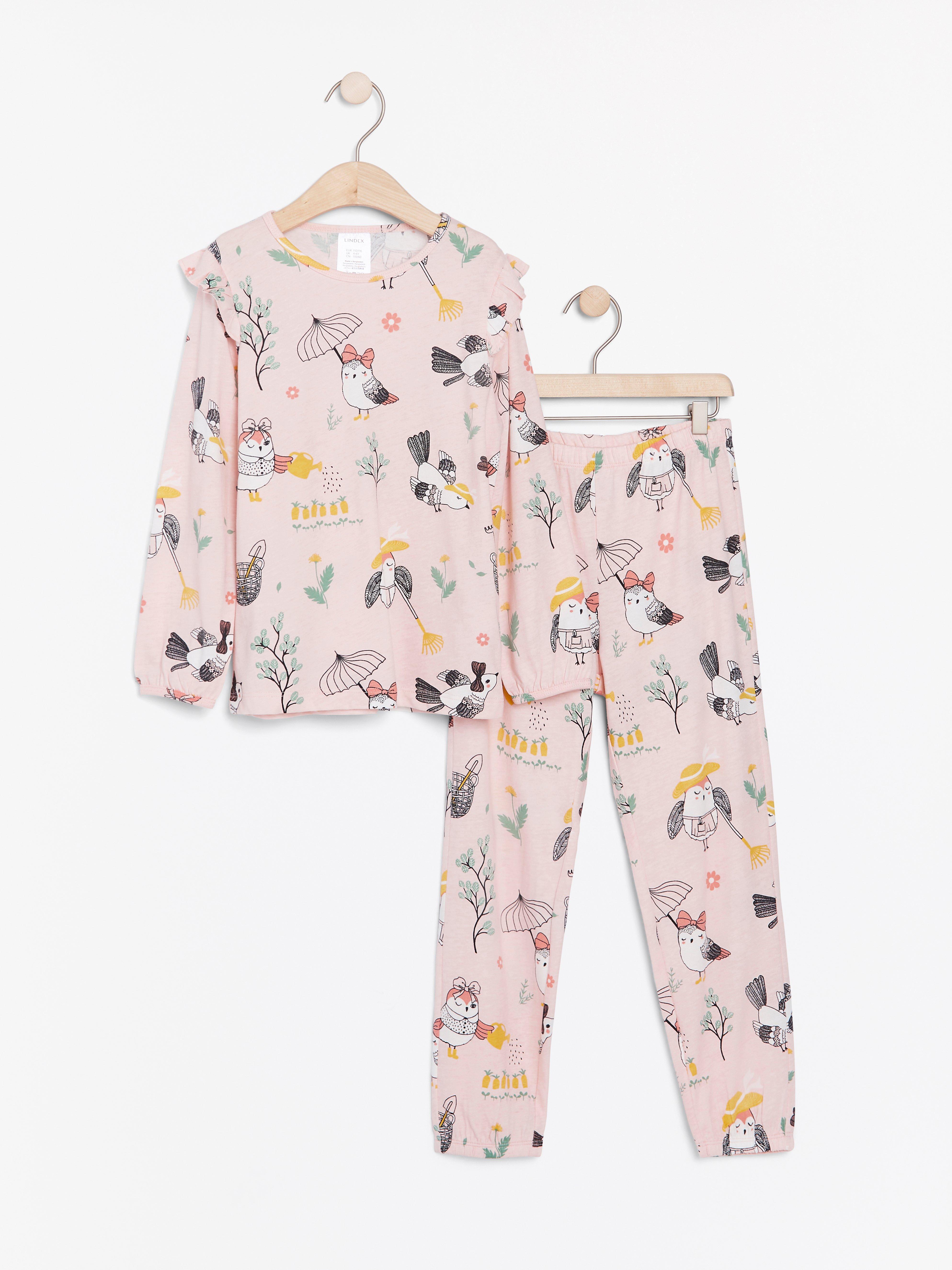 Pink pyjamas with bird pattern and shoulder frills | Lindex UK