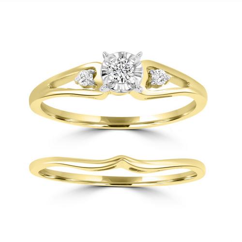 Round Brilliant Cut Diamond Bridal Engagement Ring & Band Set, 10K Yellow Gold, .14cttw