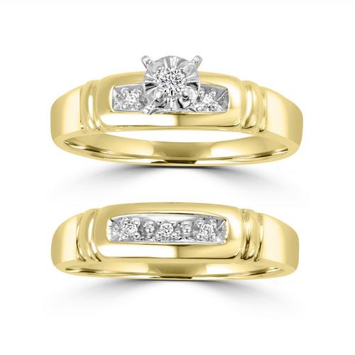 Round Brilliant Cut Diamond Bridal Engagement Ring & Band Set, 10K Yellow Gold, .08cttw