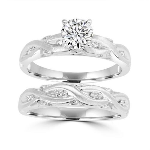 Diamond & White Sapphire Bridal Engagement Ring & Band Set