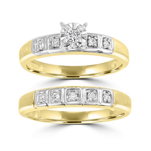 Round Brilliant Cut Diamond Bridal Engagement Ring & Band Set, 10K Yellow Gold, 1/8cttw