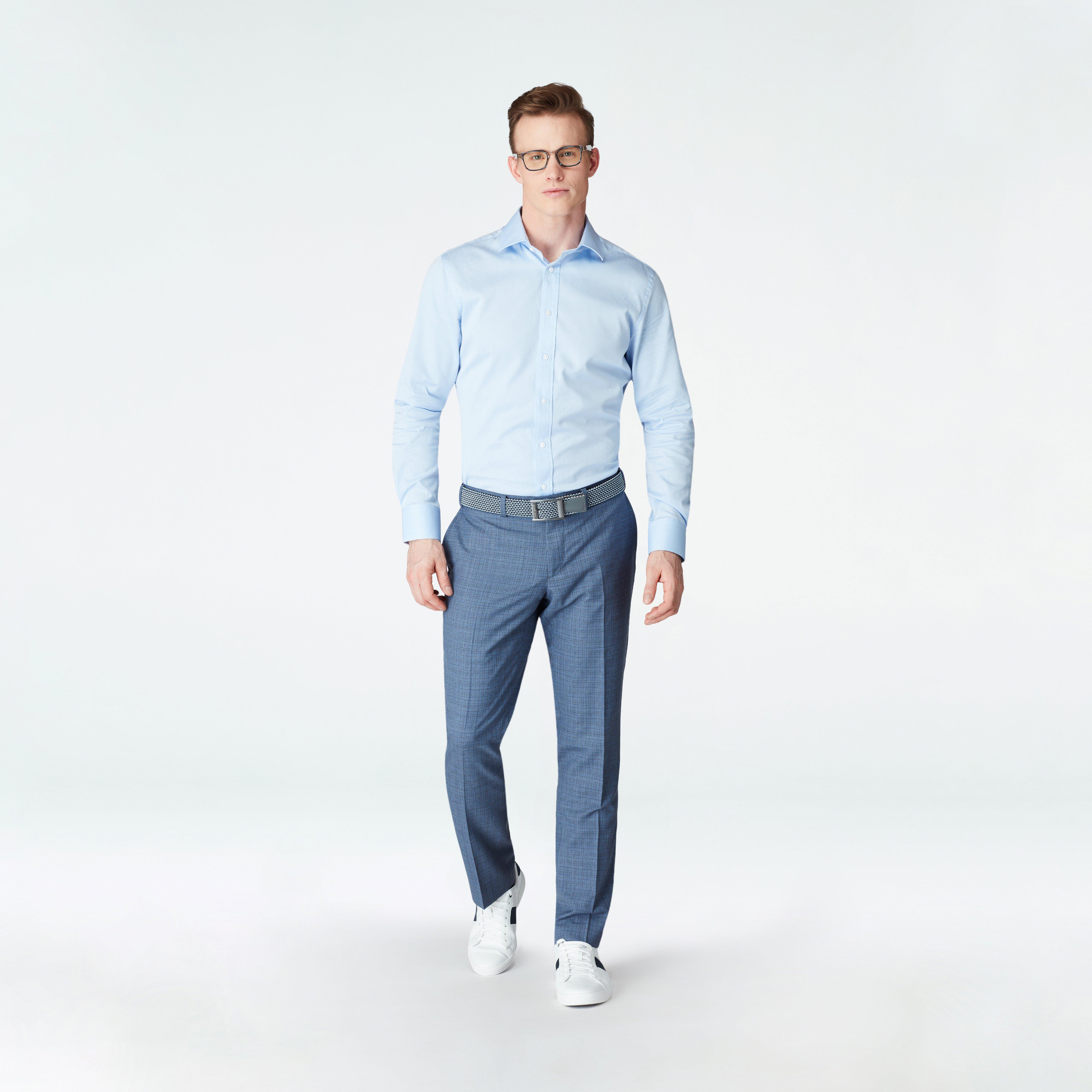 blue suit pants white shirt