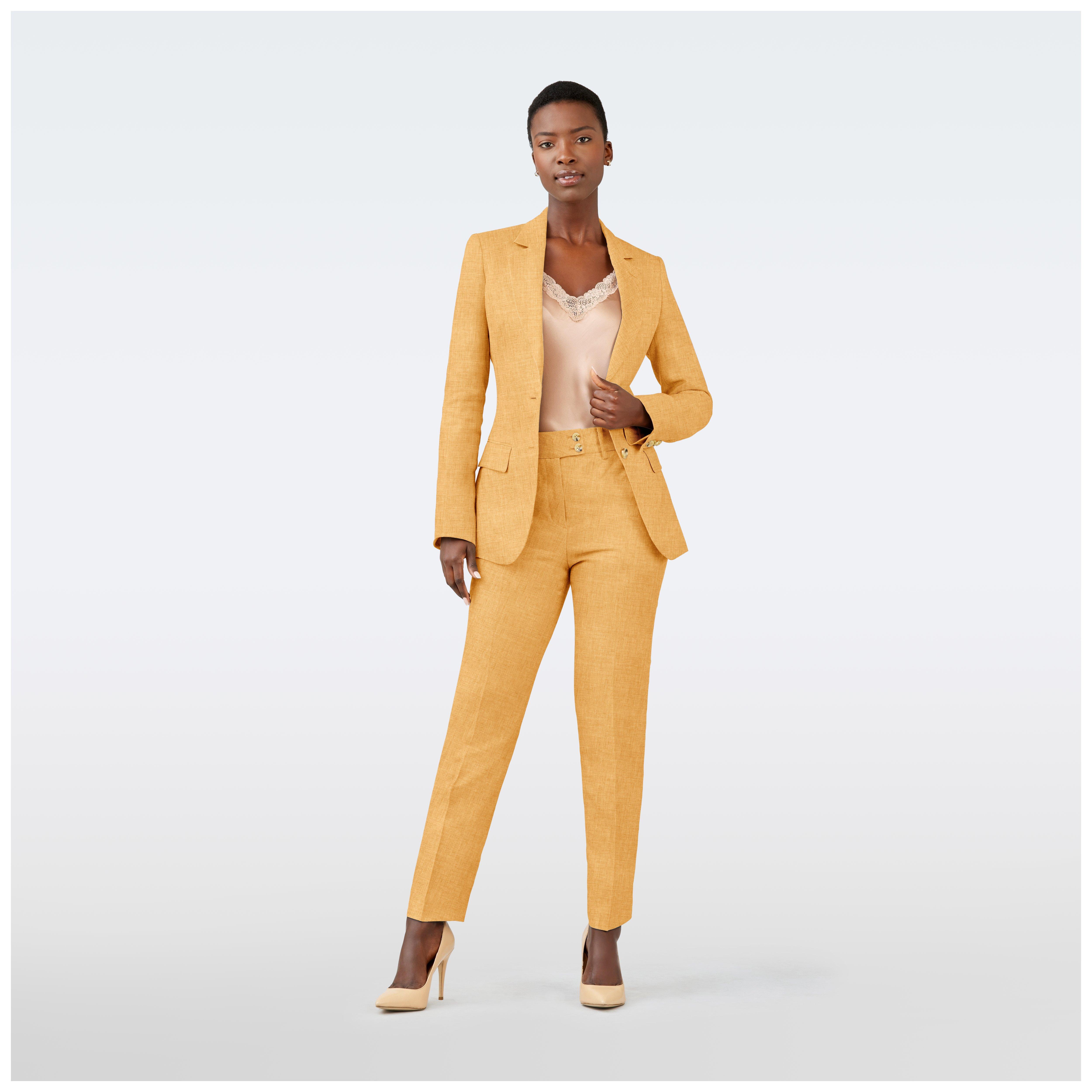 TeresaCollections - Yellow Open Stitch With Belt Irregular Jacket +  Straight Pants Suit Set