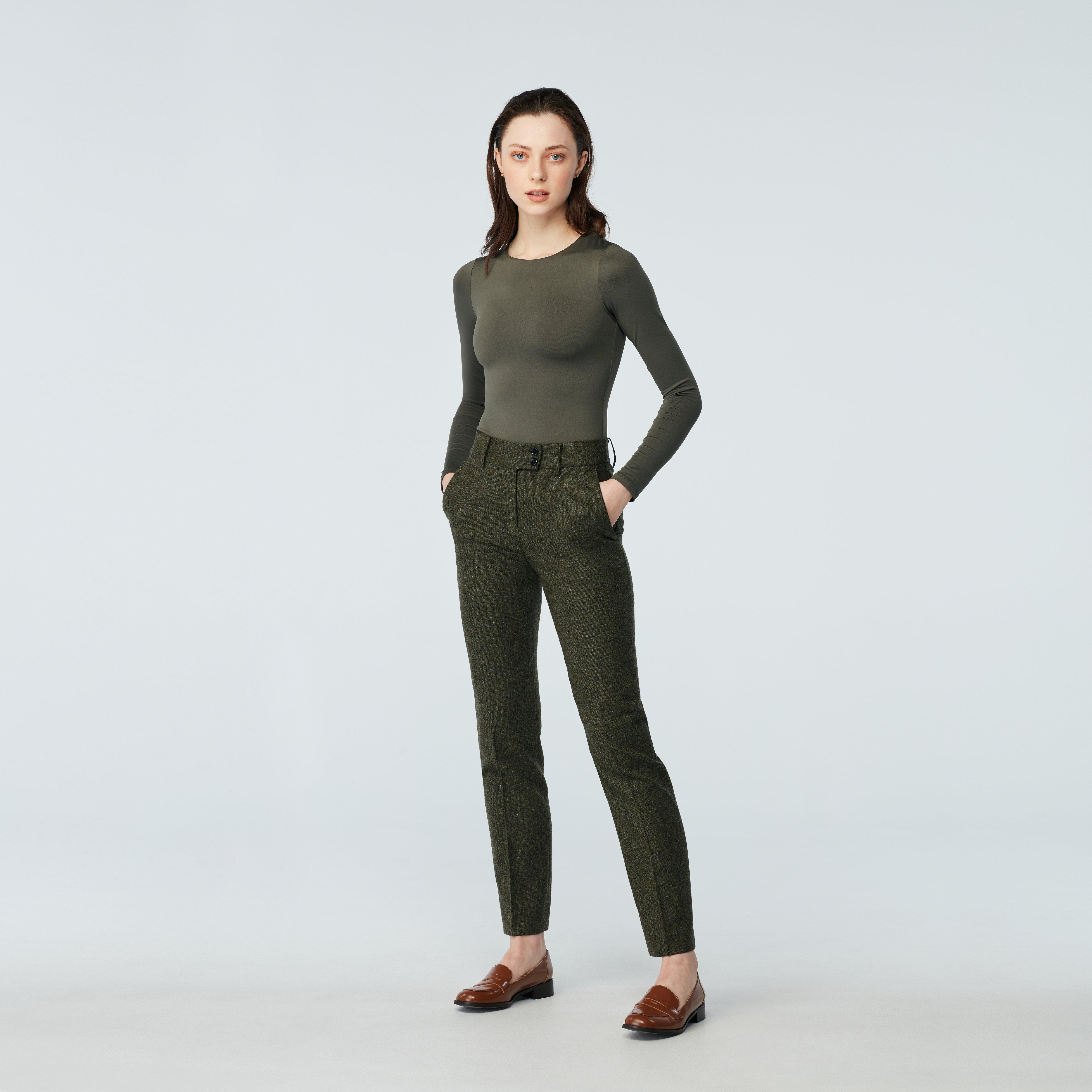 Custom Pants Made For You - Beckenham Nailhead Flannel Olive Pants Women | INDOCHINO