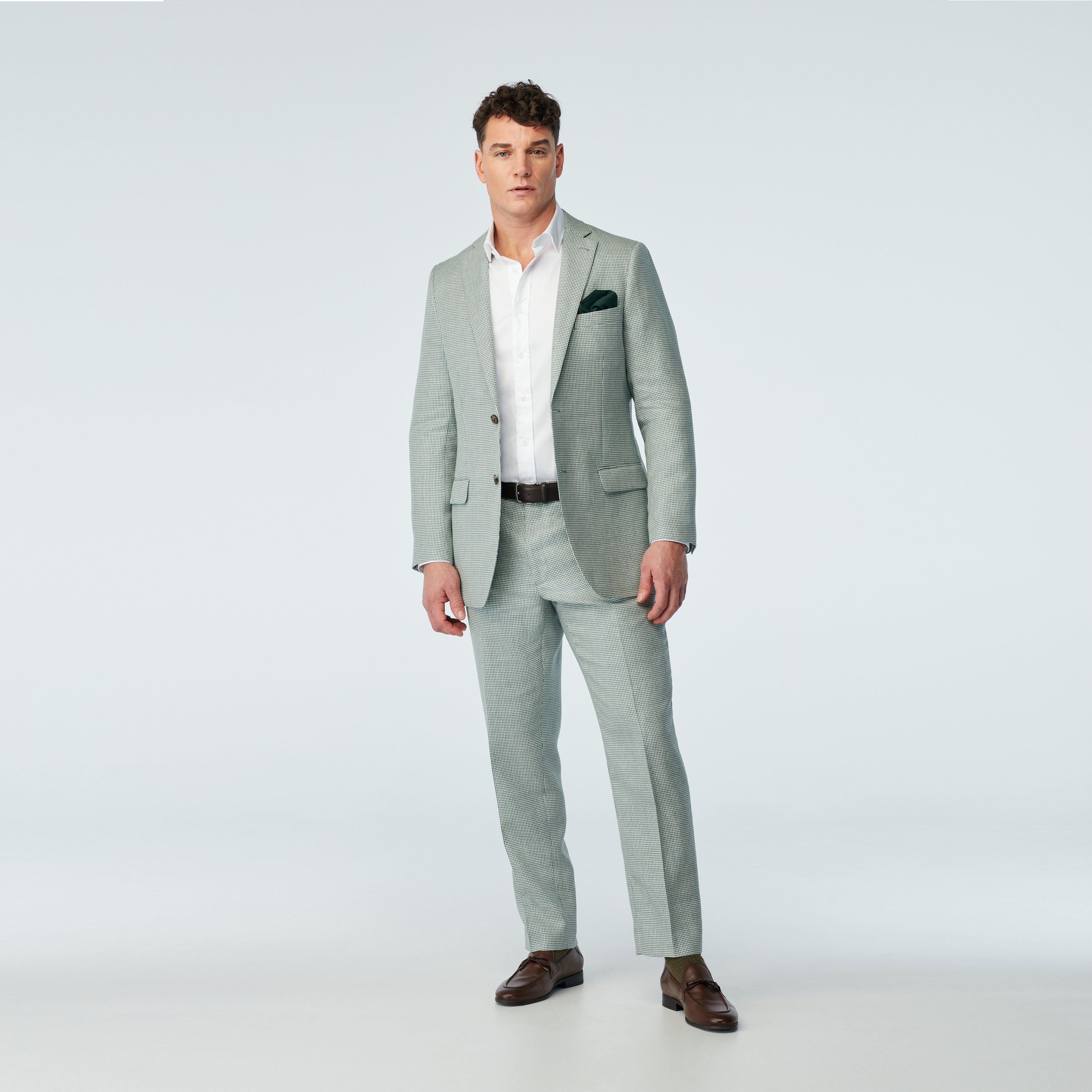 Men's Custom Suits Ockbrook Ramie Wool Houndstooth Teal Suit INDOCHINO