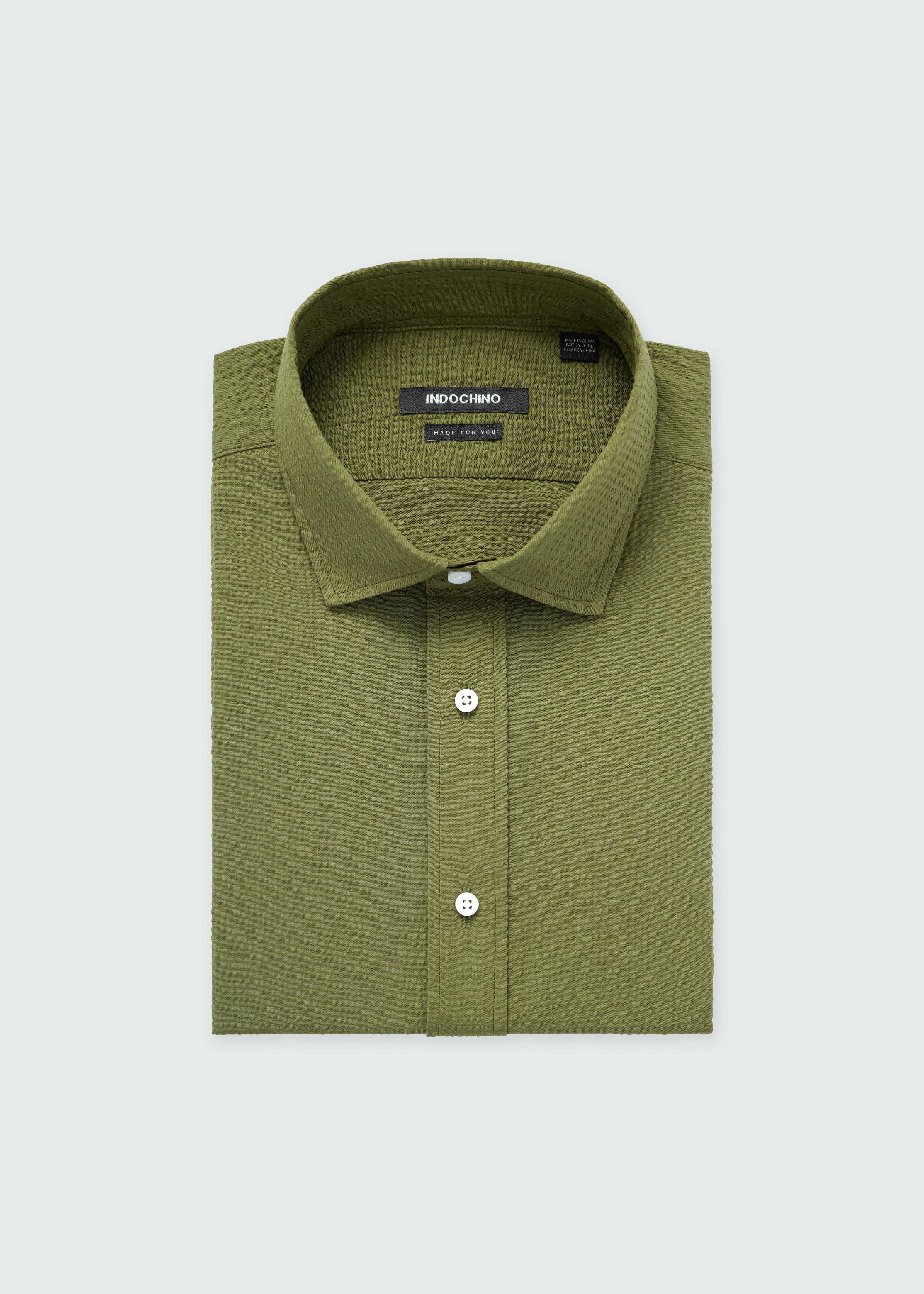 Men's Dress Shirts - Oakington Seersucker Olive Shirt | INDOCHINO