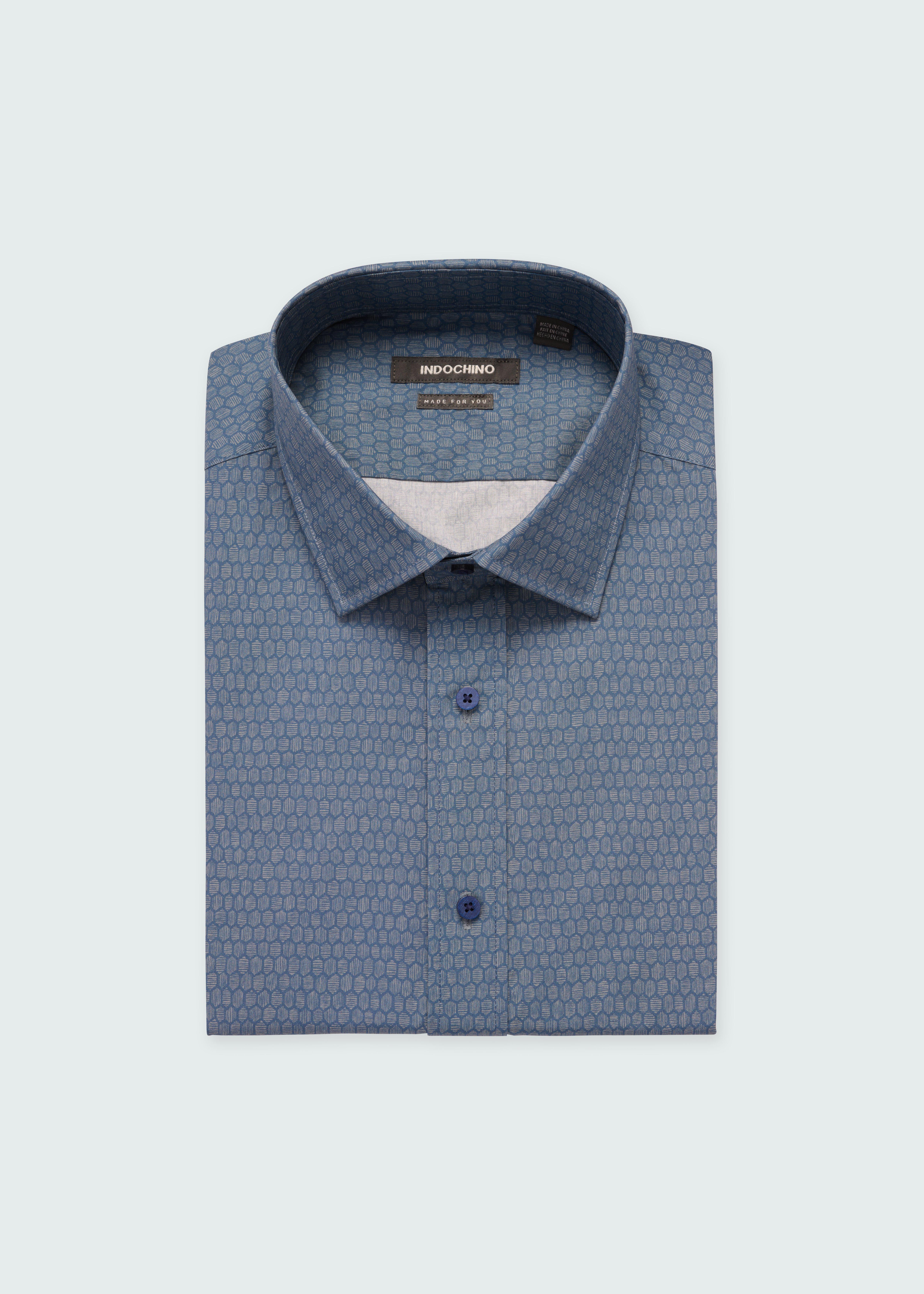 Men's Dress Shirts - London Honeycomb Print Blue Shirt| INDOCHINO