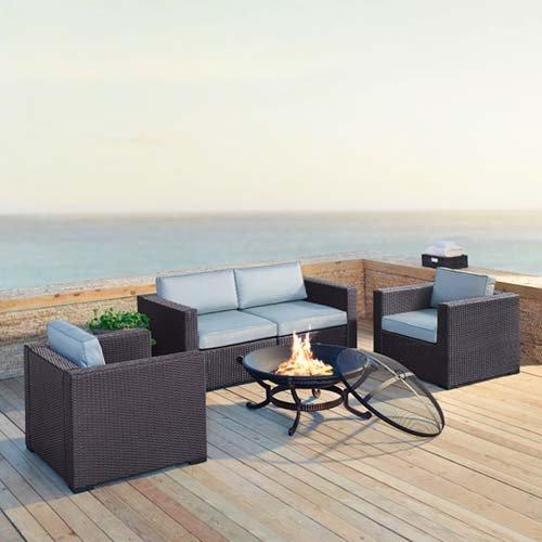Crosley Biscayne Mist 5 Piece Wicker Set with 2 Armchairs 2 Corner Chairs and Fire Pit