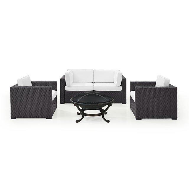 Biscayne White 5-piece Wicker Set With 2 Armchairs, 2 Corner Chairs And Fire Pit