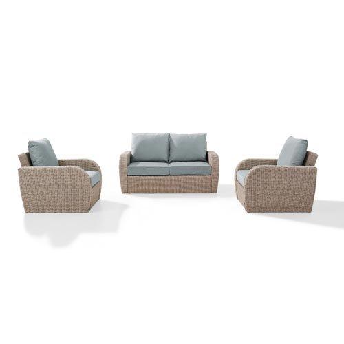 Crosley St Augustine 3 Piece Wicker Set and Mist Cushions with Loveseat and Two Armchairs