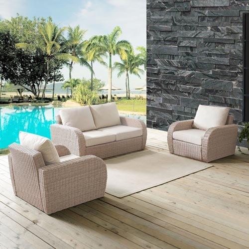 Crosley St Augustine 3 Piece Wicker Set and Oatmeal Cushions with Loveseat and Two Armchairs