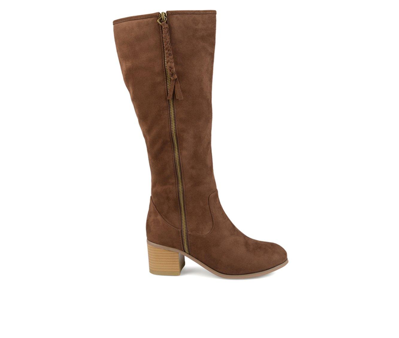 Women's Knee High Suede Boots - Fold Over, Chunky Heel, Pull-On Style In Black & Tan