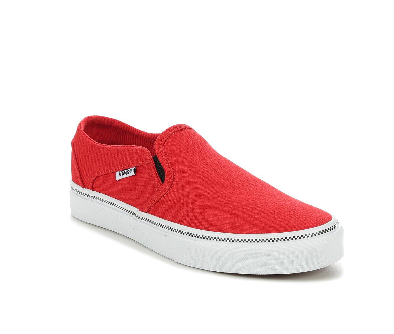 white and red slip on vans