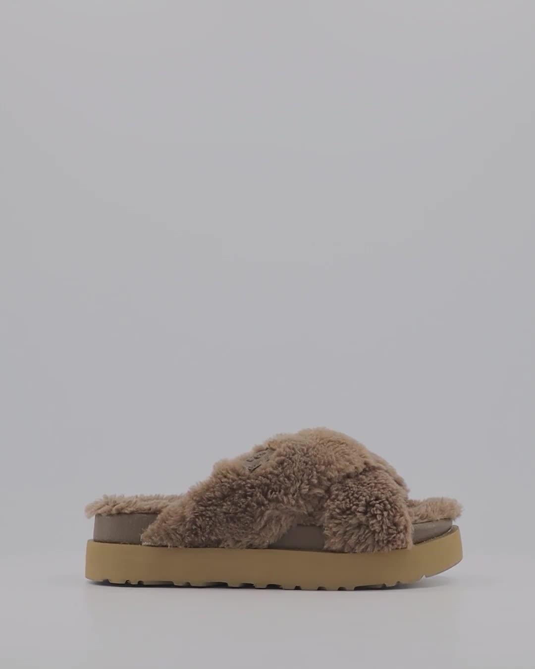 UGG Fuzz Sugar Cross Slides Hickory - Women's Sustainable Materials