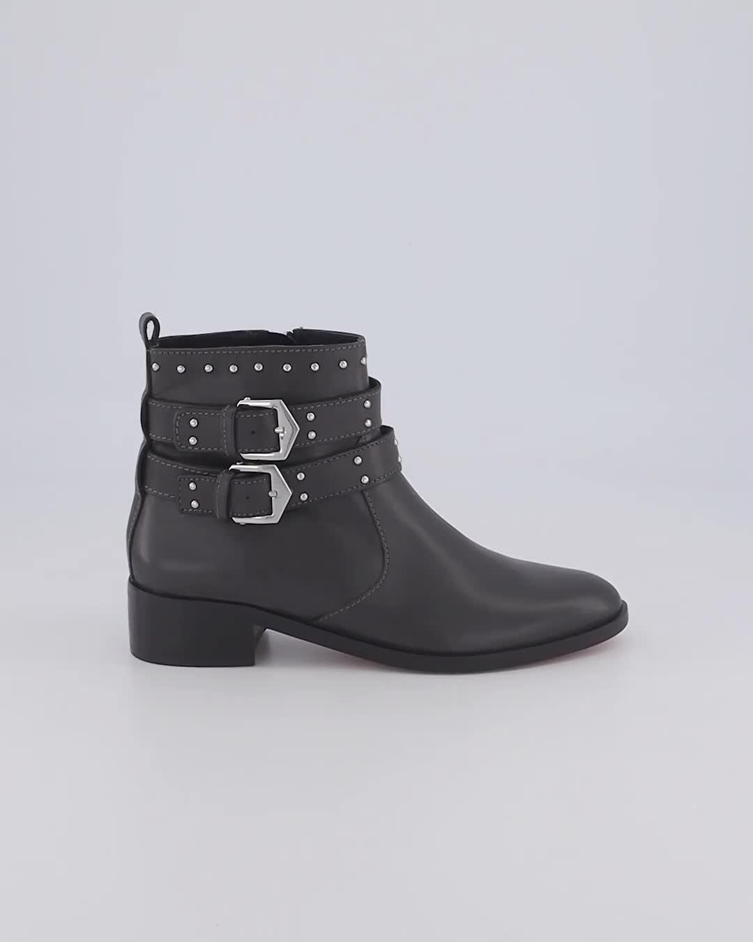 OFFICE Anchor Double Buckle Studded Ankle Boots Dark Grey Leather